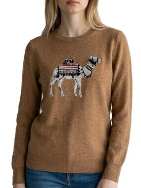 J Crew Embroidered Camel Sweater Wool Blend Crewneck Brown XS